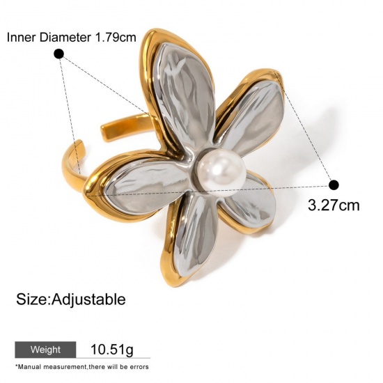 Picture of 1 Piece Eco-friendly PVD Vacuum Plating Waterproof Anti-Tarnish Hypoallergenic Dainty Stylish 18K Real Gold Plated 304 Stainless Steel Open Flower Two Tone Rings For Women Gift 17.9mm(US size 7.75)