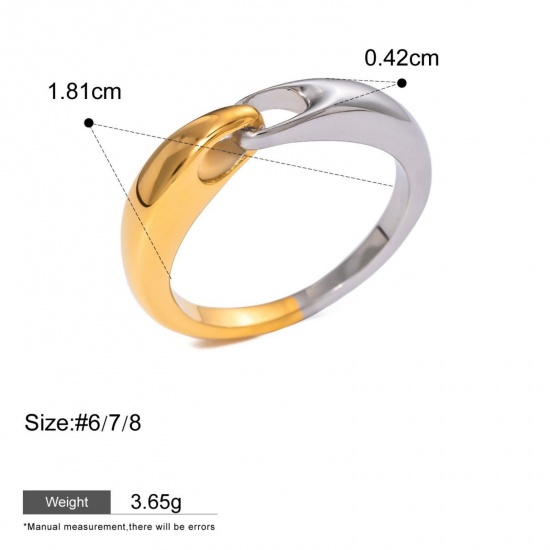 Picture of 1 Piece Eco-friendly PVD Vacuum Plating Waterproof Anti-Tarnish Hypoallergenic Dainty Stylish 18K Real Gold Plated 304 Stainless Steel Unadjustable Two Tone Rings For Women Gift 18.1mm(US Size 8)