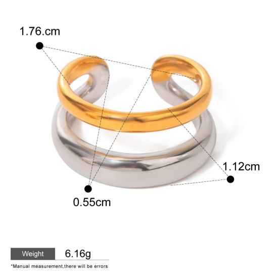 Picture of 1 Piece Eco-friendly PVD Vacuum Plating Waterproof Anti-Tarnish Hypoallergenic Dainty Stylish 18K Real Gold Plated 304 Stainless Steel Open Two Tone Rings For Women Gift 17.6mm(US Size 7.25)