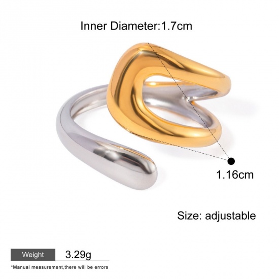Picture of 1 Piece Eco-friendly PVD Vacuum Plating Waterproof Anti-Tarnish Hypoallergenic Dainty Stylish 18K Real Gold Plated 304 Stainless Steel Open Two Tone Rings For Women Gift 17mm(US Size 6.5)