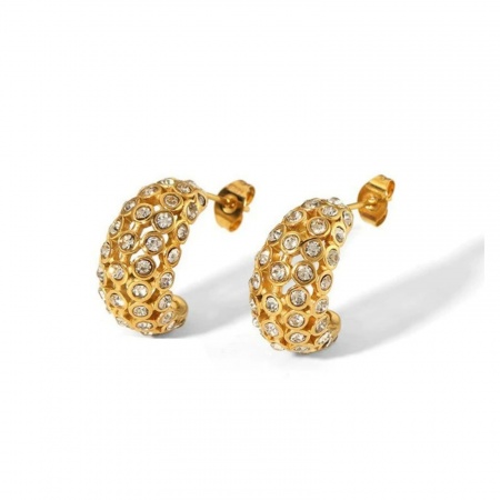 1 Pair Vacuum Plating Stylish Exquisite 18K Gold Plated 304 Stainless Steel & Cubic Zirconia C Shaped Ear Post Stud Earrings For Women Gift 2cm x 1cm