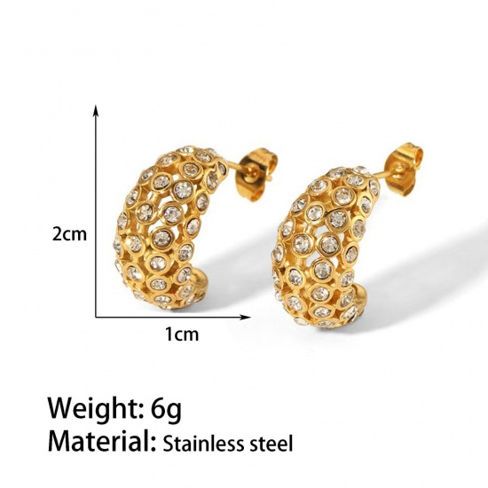Bild von 1 Pair Vacuum Plating Stylish Exquisite 18K Gold Plated 304 Stainless Steel & Cubic Zirconia C Shaped Ear Post Stud Earrings For Women Gift 2cm x 1cm