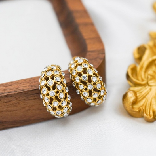 Bild von 1 Pair Vacuum Plating Stylish Exquisite 18K Gold Plated 304 Stainless Steel & Cubic Zirconia C Shaped Ear Post Stud Earrings For Women Gift 2cm x 1cm