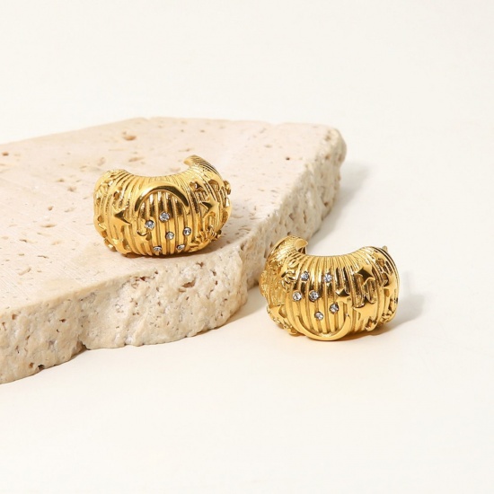 Bild von 1 Pair Vacuum Plating Stylish Galaxy 18K Gold Plated 304 Stainless Steel & Cubic Zirconia Half Moon Ear Post Stud Earrings For Women Gift 2cm x 1.1cm