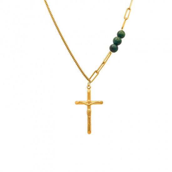 Image de 18K Gold Plated Cross Pendant Charm Necklace, 304 Stainless Steel 40cm(15.7"), For Women, Religious Retro Gift, Eco-friendly, 1 Piece