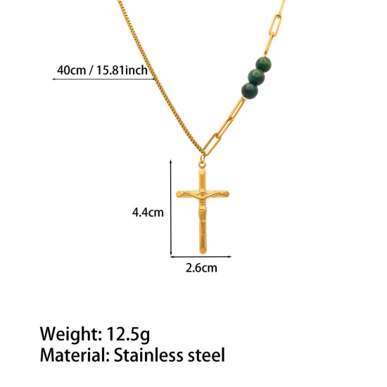 Image de 18K Gold Plated Cross Pendant Charm Necklace, 304 Stainless Steel 40cm(15.7"), For Women, Religious Retro Gift, Eco-friendly, 1 Piece