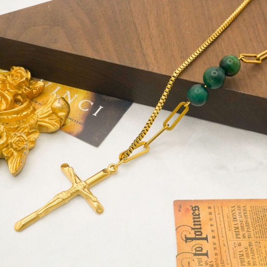 Image de 18K Gold Plated Cross Pendant Charm Necklace, 304 Stainless Steel 40cm(15.7"), For Women, Religious Retro Gift, Eco-friendly, 1 Piece