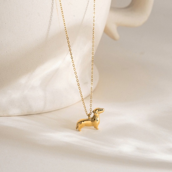 Image de 18K Real Gold Plated Dog Animal Pendant Charm Necklace, 304 Stainless Steel 41cm(16.1") + 5cm(2"), For Women, Pet Silhouette Stylish Gift, Eco-friendly Vacuum Plating Waterproof Anti-Tarnish Hypoallergenic, 1 Piece