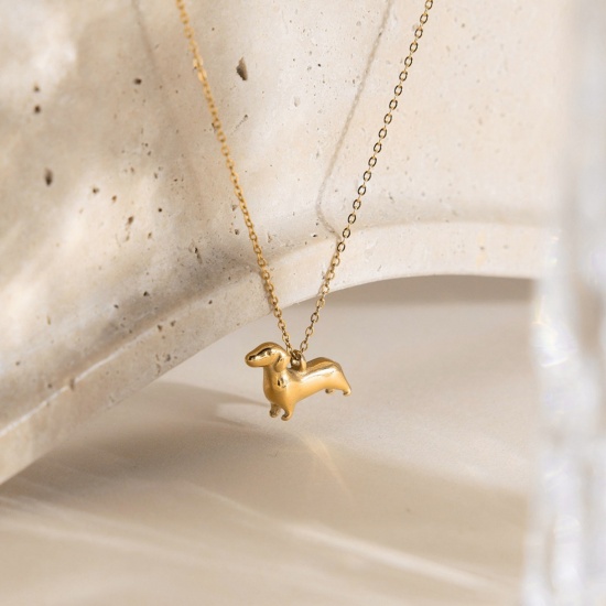 Image de 18K Real Gold Plated Dog Animal Pendant Charm Necklace, 304 Stainless Steel 41cm(16.1") + 5cm(2"), For Women, Pet Silhouette Stylish Gift, Eco-friendly Vacuum Plating Waterproof Anti-Tarnish Hypoallergenic, 1 Piece