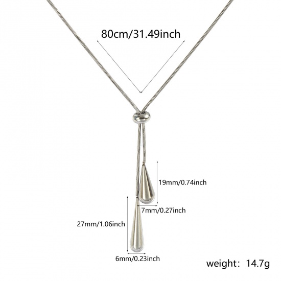 Picture of Wholesale Drop Adjustable Slider/ Slide Sweater Necklace Long, Silver Tone 304 Stainless Steel Snake Chain, Unisex Eco-friendly Exquisite Stylish Gift Jewelry For Retailer, 80cm(31.5") long, 1 Piece