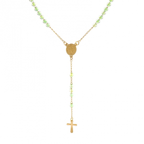 Immagine di Croce Medaglia di San Benedetto Verde Collana con Rosario con Perline di Preghiera All'Ingrosso, Oro Placcato 304 Acciaio Inossidabile Catena di Perline, Donne Placcatura Sottovuoto Religione Retrò Regalo Gioielli Per Rivenditore, 55cm Lunghezza, 1 Pz