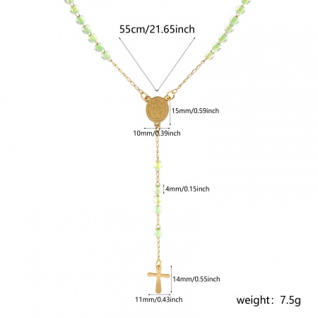 Picture of Wholesale Cross St. Benedict Medal Green Prayer Beads Rosary Necklace, Gold Plated 304 Stainless Steel Beaded Chain, Women's Vacuum Plating Religious Retro Gift Jewelry For Retailer, 55cm(21.7") long, 1 Piece
