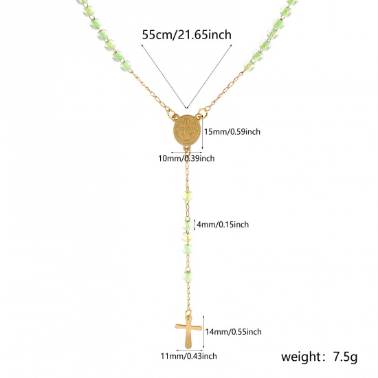 Immagine di Croce Medaglia di San Benedetto Verde Collana con Rosario con Perline di Preghiera All'Ingrosso, Oro Placcato 304 Acciaio Inossidabile Catena di Perline, Donne Placcatura Sottovuoto Religione Retrò Regalo Gioielli Per Rivenditore, 55cm Lunghezza, 1 Pz