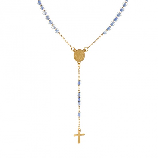 Immagine di Croce Medaglia di San Benedetto Blu Collana con Rosario con Perline di Preghiera All'Ingrosso, Oro Placcato 304 Acciaio Inossidabile Catena di Perline, Donne Placcatura Sottovuoto Religione Retrò Regalo Gioielli Per Rivenditore, 55cm Lunghezza, 1 Pz
