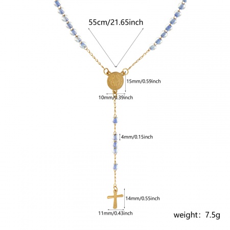 Immagine di Croce Medaglia di San Benedetto Blu Collana con Rosario con Perline di Preghiera All'Ingrosso, Oro Placcato 304 Acciaio Inossidabile Catena di Perline, Donne Placcatura Sottovuoto Religione Retrò Regalo Gioielli Per Rivenditore, 55cm Lunghezza, 1 Pz