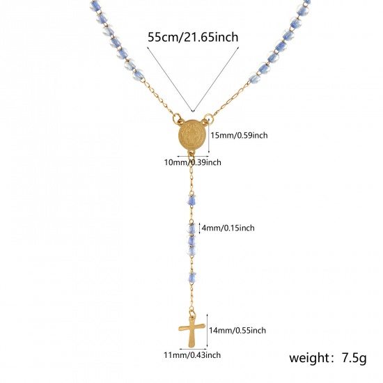 Immagine di Croce Medaglia di San Benedetto Blu Collana con Rosario con Perline di Preghiera All'Ingrosso, Oro Placcato 304 Acciaio Inossidabile Catena di Perline, Donne Placcatura Sottovuoto Religione Retrò Regalo Gioielli Per Rivenditore, 55cm Lunghezza, 1 Pz