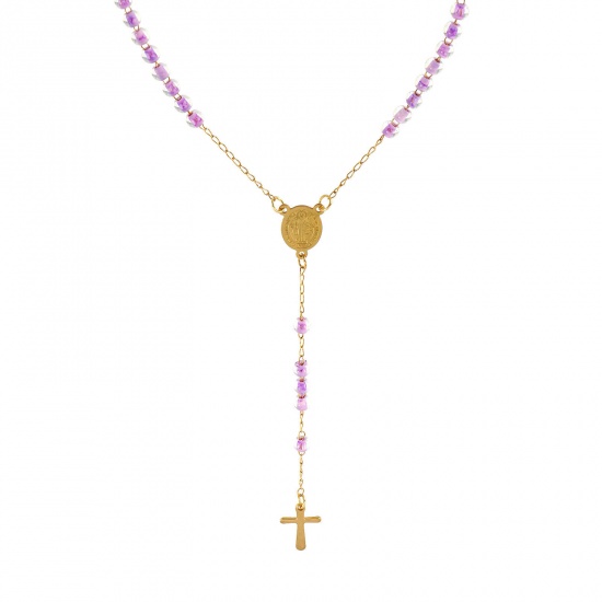 Immagine di Croce Medaglia di San Benedetto Colore Viola Collana con Rosario con Perline di Preghiera All'Ingrosso, Oro Placcato 304 Acciaio Inossidabile Catena di Perline, Donne Placcatura Sottovuoto Religione Retrò Regalo Gioielli Per Rivenditore, 55cm Lunghezza, 1 Pz