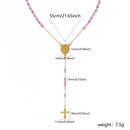 Immagine di Croce Medaglia di San Benedetto Colore Viola Collana con Rosario con Perline di Preghiera All'Ingrosso, Oro Placcato 304 Acciaio Inossidabile Catena di Perline, Donne Placcatura Sottovuoto Religione Retrò Regalo Gioielli Per Rivenditore, 55cm Lunghezza, 1 Pz