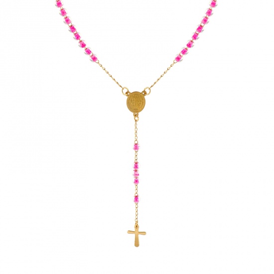 Immagine di Croce Medaglia di San Benedetto Rosa Caldo Collana con Rosario con Perline di Preghiera All'Ingrosso, Oro Placcato 304 Acciaio Inossidabile Catena di Perline, Donne Placcatura Sottovuoto Religione Retrò Regalo Gioielli Per Rivenditore, 55cm Lunghezza, 1 Pz