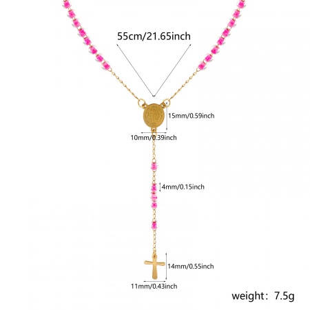 Picture of Wholesale Cross St. Benedict Medal Hot Pink Prayer Beads Rosary Necklace, Gold Plated 304 Stainless Steel Beaded Chain, Women's Vacuum Plating Religious Retro Gift Jewelry For Retailer, 55cm(21.7") long, 1 Piece