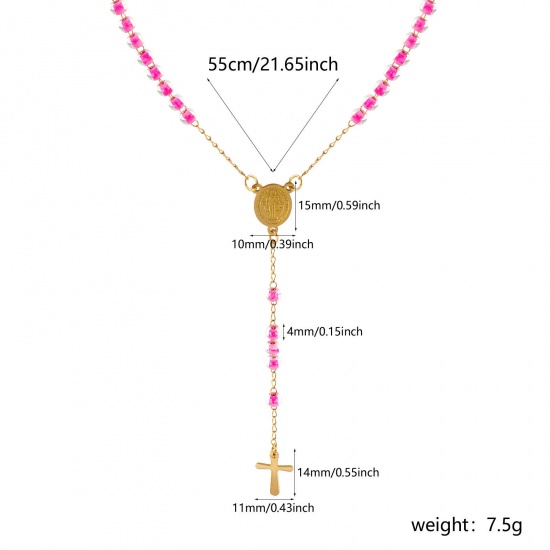 Immagine di Croce Medaglia di San Benedetto Rosa Caldo Collana con Rosario con Perline di Preghiera All'Ingrosso, Oro Placcato 304 Acciaio Inossidabile Catena di Perline, Donne Placcatura Sottovuoto Religione Retrò Regalo Gioielli Per Rivenditore, 55cm Lunghezza, 1 Pz