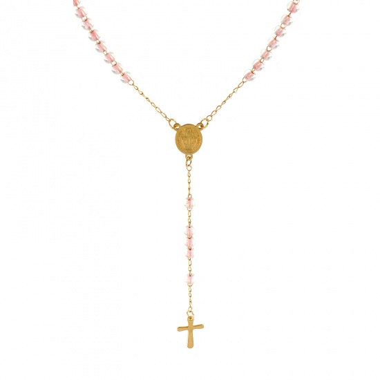 Immagine di Croce Medaglia di San Benedetto Rosa Chiaro Collana con Rosario con Perline di Preghiera All'Ingrosso, Oro Placcato 304 Acciaio Inossidabile Catena di Perline, Donne Placcatura Sottovuoto Religione Retrò Regalo Gioielli Per Rivenditore, 55cm Lunghezza, 1 Pz