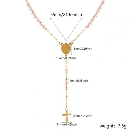 Picture of Wholesale Cross St. Benedict Medal Light Pink Prayer Beads Rosary Necklace, Gold Plated 304 Stainless Steel Beaded Chain, Women's Vacuum Plating Religious Retro Gift Jewelry For Retailer, 55cm(21.7") long, 1 Piece