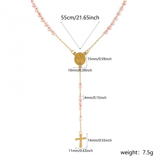 Immagine di Croce Medaglia di San Benedetto Rosa Chiaro Collana con Rosario con Perline di Preghiera All'Ingrosso, Oro Placcato 304 Acciaio Inossidabile Catena di Perline, Donne Placcatura Sottovuoto Religione Retrò Regalo Gioielli Per Rivenditore, 55cm Lunghezza, 1 Pz