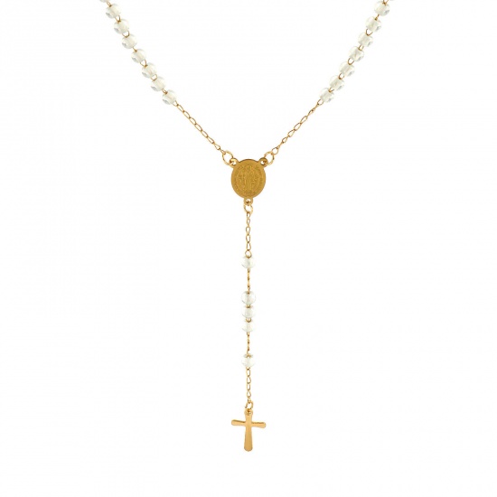 Immagine di Croce Medaglia di San Benedetto Bianco Collana con Rosario con Perline di Preghiera All'Ingrosso, Oro Placcato 304 Acciaio Inossidabile Catena di Perline, Donne Placcatura Sottovuoto Religione Retrò Regalo Gioielli Per Rivenditore, 55cm Lunghezza, 1 Pz
