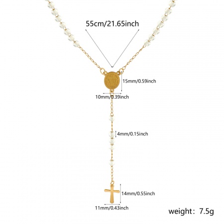 Immagine di Croce Medaglia di San Benedetto Bianco Collana con Rosario con Perline di Preghiera All'Ingrosso, Oro Placcato 304 Acciaio Inossidabile Catena di Perline, Donne Placcatura Sottovuoto Religione Retrò Regalo Gioielli Per Rivenditore, 55cm Lunghezza, 1 Pz