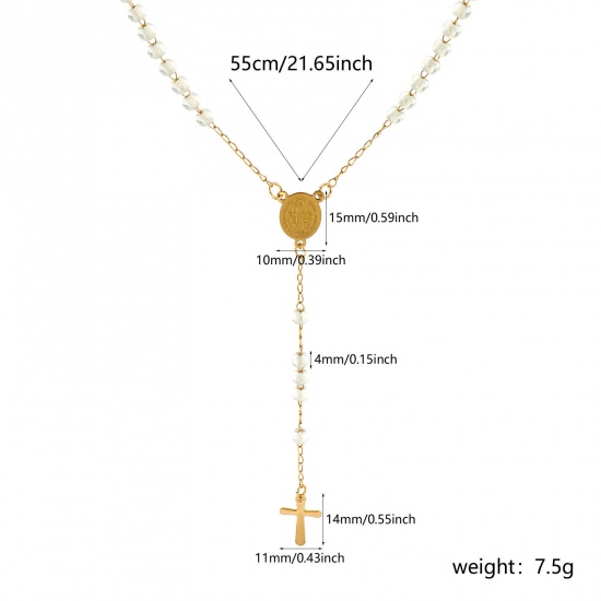 Immagine di Croce Medaglia di San Benedetto Bianco Collana con Rosario con Perline di Preghiera All'Ingrosso, Oro Placcato 304 Acciaio Inossidabile Catena di Perline, Donne Placcatura Sottovuoto Religione Retrò Regalo Gioielli Per Rivenditore, 55cm Lunghezza, 1 Pz