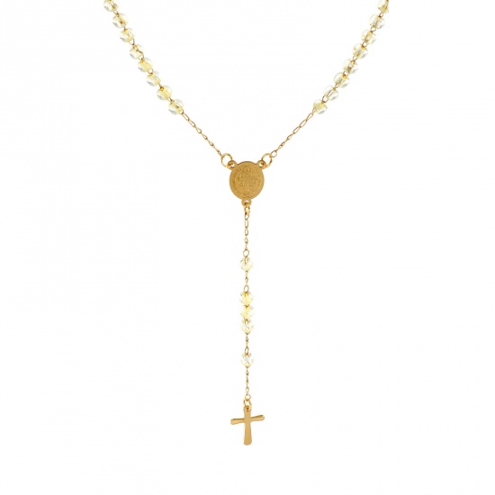 Immagine di Croce Medaglia di San Benedetto Giallo Chiaro Collana con Rosario con Perline di Preghiera All'Ingrosso, Oro Placcato 304 Acciaio Inossidabile Catena di Perline, Donne Placcatura Sottovuoto Religione Retrò Regalo Gioielli Per Rivenditore, 55cm Lunghezza, 1 Pz