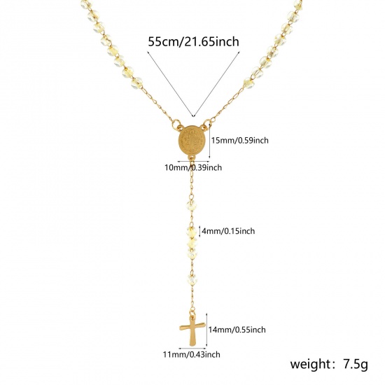 Immagine di Croce Medaglia di San Benedetto Giallo Chiaro Collana con Rosario con Perline di Preghiera All'Ingrosso, Oro Placcato 304 Acciaio Inossidabile Catena di Perline, Donne Placcatura Sottovuoto Religione Retrò Regalo Gioielli Per Rivenditore, 55cm Lunghezza, 1 Pz