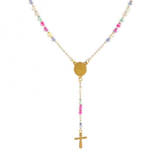 Immagine di Croce Medaglia di San Benedetto Multicolore Collana con Rosario con Perline di Preghiera All'Ingrosso, Oro Placcato 304 Acciaio Inossidabile Catena di Perline, Donne Placcatura Sottovuoto Religione Retrò Regalo Gioielli Per Rivenditore, 55cm Lunghezza, 1 Pz