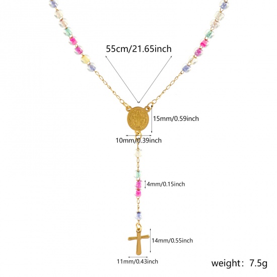 Immagine di Croce Medaglia di San Benedetto Multicolore Collana con Rosario con Perline di Preghiera All'Ingrosso, Oro Placcato 304 Acciaio Inossidabile Catena di Perline, Donne Placcatura Sottovuoto Religione Retrò Regalo Gioielli Per Rivenditore, 55cm Lunghezza, 1 Pz