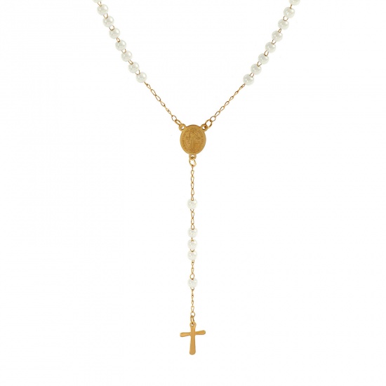 Picture of Wholesale Cross St. Benedict Medal White Prayer Beads Rosary Necklace, Gold Plated 304 Stainless Steel Beaded Chain, Women's Vacuum Plating Religious Retro Gift Jewelry For Retailer, 55cm(21.7") long, 1 Piece