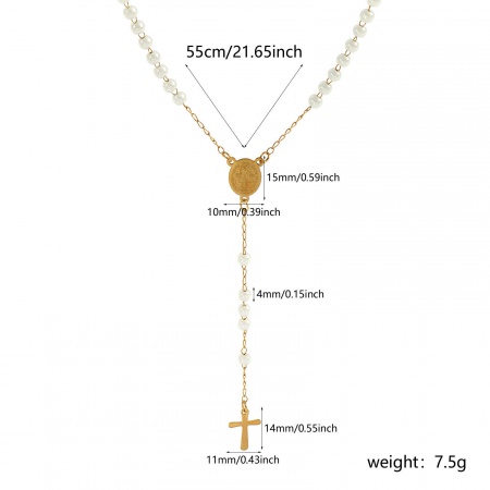 Picture of Wholesale Cross St. Benedict Medal White Prayer Beads Rosary Necklace, Gold Plated 304 Stainless Steel Beaded Chain, Women's Vacuum Plating Religious Retro Gift Jewelry For Retailer, 55cm(21.7") long, 1 Piece
