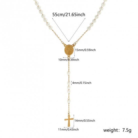 Picture of Wholesale Cross St. Benedict Medal White Prayer Beads Rosary Necklace, Gold Plated 304 Stainless Steel Beaded Chain, Women's Vacuum Plating Religious Retro Gift Jewelry For Retailer, 55cm(21.7") long, 1 Piece