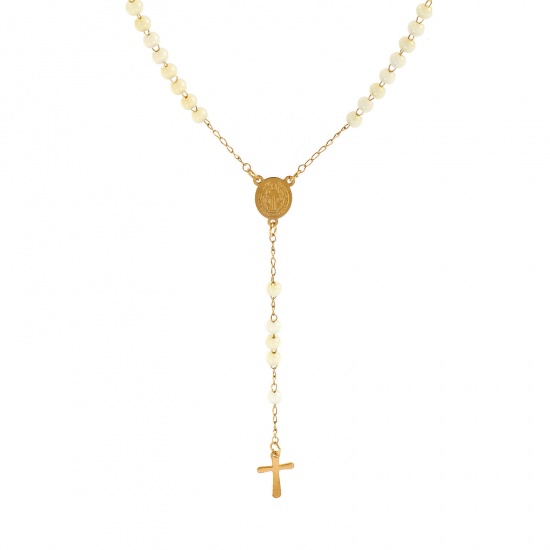 Picture of Wholesale Cross St. Benedict Medal Creamy-White Prayer Beads Rosary Necklace, Gold Plated 304 Stainless Steel Beaded Chain, Women's Vacuum Plating Religious Retro Gift Jewelry For Retailer, 55cm(21.7") long, 1 Piece