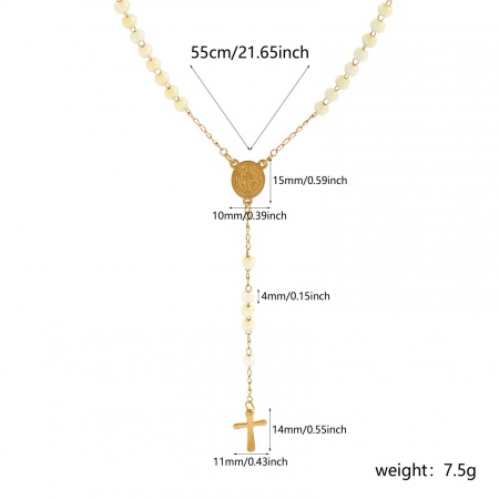 Picture of Wholesale Cross St. Benedict Medal Creamy-White Prayer Beads Rosary Necklace, Gold Plated 304 Stainless Steel Beaded Chain, Women's Vacuum Plating Religious Retro Gift Jewelry For Retailer, 55cm(21.7") long, 1 Piece