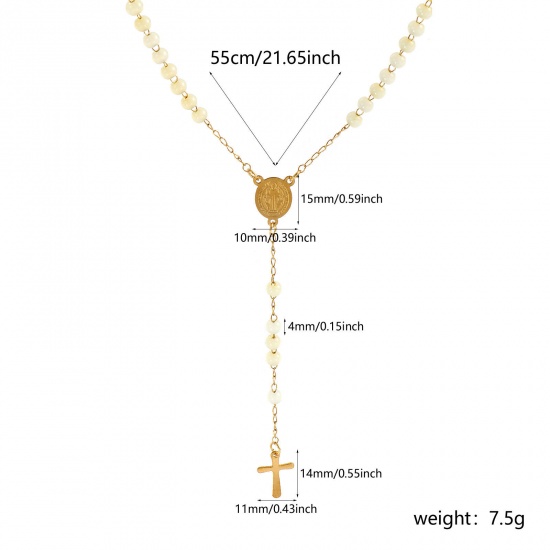 Picture of Wholesale Cross St. Benedict Medal Creamy-White Prayer Beads Rosary Necklace, Gold Plated 304 Stainless Steel Beaded Chain, Women's Vacuum Plating Religious Retro Gift Jewelry For Retailer, 55cm(21.7") long, 1 Piece