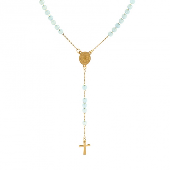 Picture of Wholesale Cross St. Benedict Medal Light Blue Prayer Beads Rosary Necklace, Gold Plated 304 Stainless Steel Beaded Chain, Women's Vacuum Plating Religious Retro Gift Jewelry For Retailer, 55cm(21.7") long, 1 Piece