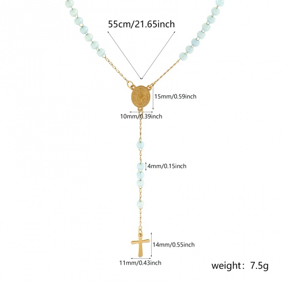 Picture of Wholesale Cross St. Benedict Medal Light Blue Prayer Beads Rosary Necklace, Gold Plated 304 Stainless Steel Beaded Chain, Women's Vacuum Plating Religious Retro Gift Jewelry For Retailer, 55cm(21.7") long, 1 Piece
