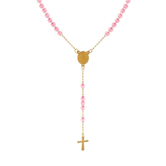 Picture of Wholesale Cross St. Benedict Medal Light Pink Prayer Beads Rosary Necklace, Gold Plated 304 Stainless Steel Beaded Chain, Women's Vacuum Plating Religious Retro Gift Jewelry For Retailer, 55cm(21.7") long, 1 Piece
