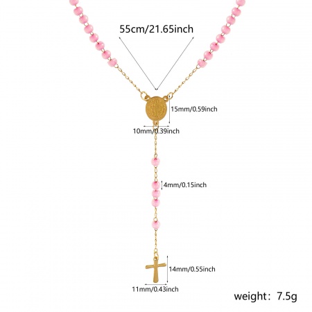 Picture of Wholesale Cross St. Benedict Medal Light Pink Prayer Beads Rosary Necklace, Gold Plated 304 Stainless Steel Beaded Chain, Women's Vacuum Plating Religious Retro Gift Jewelry For Retailer, 55cm(21.7") long, 1 Piece