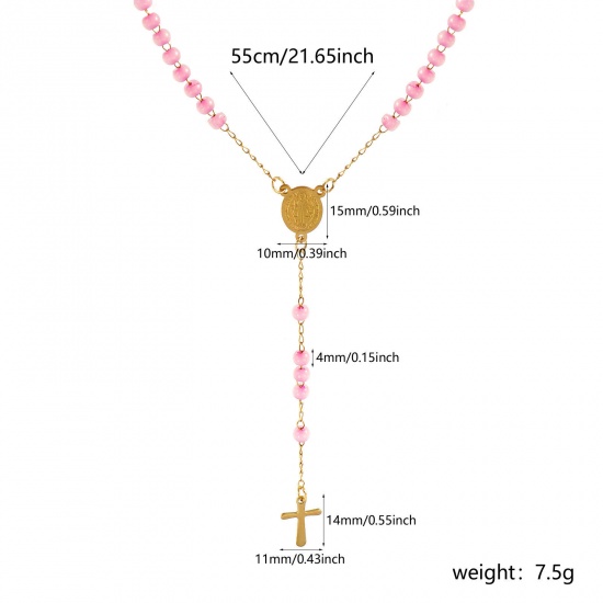 Picture of Wholesale Cross St. Benedict Medal Light Pink Prayer Beads Rosary Necklace, Gold Plated 304 Stainless Steel Beaded Chain, Women's Vacuum Plating Religious Retro Gift Jewelry For Retailer, 55cm(21.7") long, 1 Piece