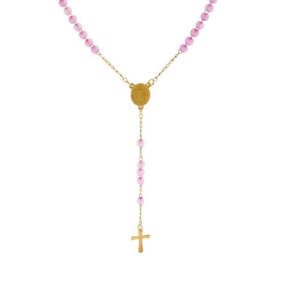 Picture of Wholesale Cross St. Benedict Medal Mauve Prayer Beads Rosary Necklace, Gold Plated 304 Stainless Steel Beaded Chain, Women's Vacuum Plating Religious Retro Gift Jewelry For Retailer, 55cm(21.7") long, 1 Piece