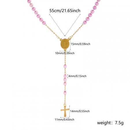 Picture of Wholesale Cross St. Benedict Medal Mauve Prayer Beads Rosary Necklace, Gold Plated 304 Stainless Steel Beaded Chain, Women's Vacuum Plating Religious Retro Gift Jewelry For Retailer, 55cm(21.7") long, 1 Piece
