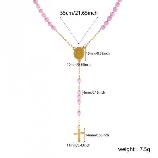 Picture of Wholesale Cross St. Benedict Medal Mauve Prayer Beads Rosary Necklace, Gold Plated 304 Stainless Steel Beaded Chain, Women's Vacuum Plating Religious Retro Gift Jewelry For Retailer, 55cm(21.7") long, 1 Piece
