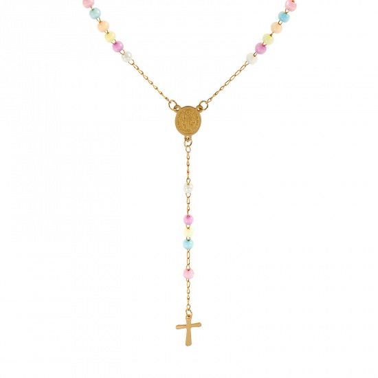 Picture of Wholesale Cross St. Benedict Medal Multicolor Prayer Beads Rosary Necklace, Gold Plated 304 Stainless Steel Beaded Chain, Women's Vacuum Plating Religious Retro Gift Jewelry For Retailer, 55cm(21.7") long, 1 Piece